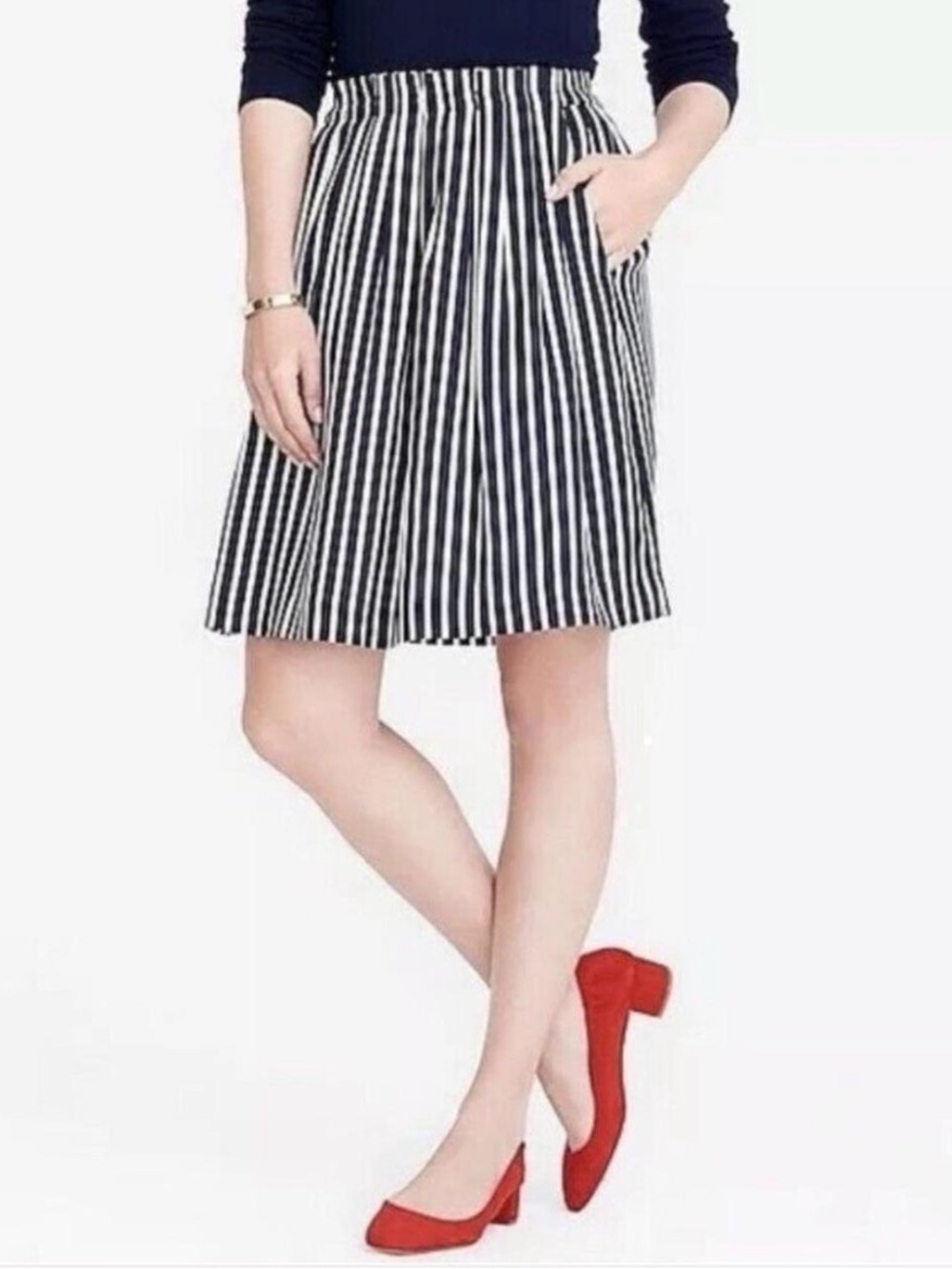 J Crew Navy & White Pleated Lined Striped Midi Skirt Size 00